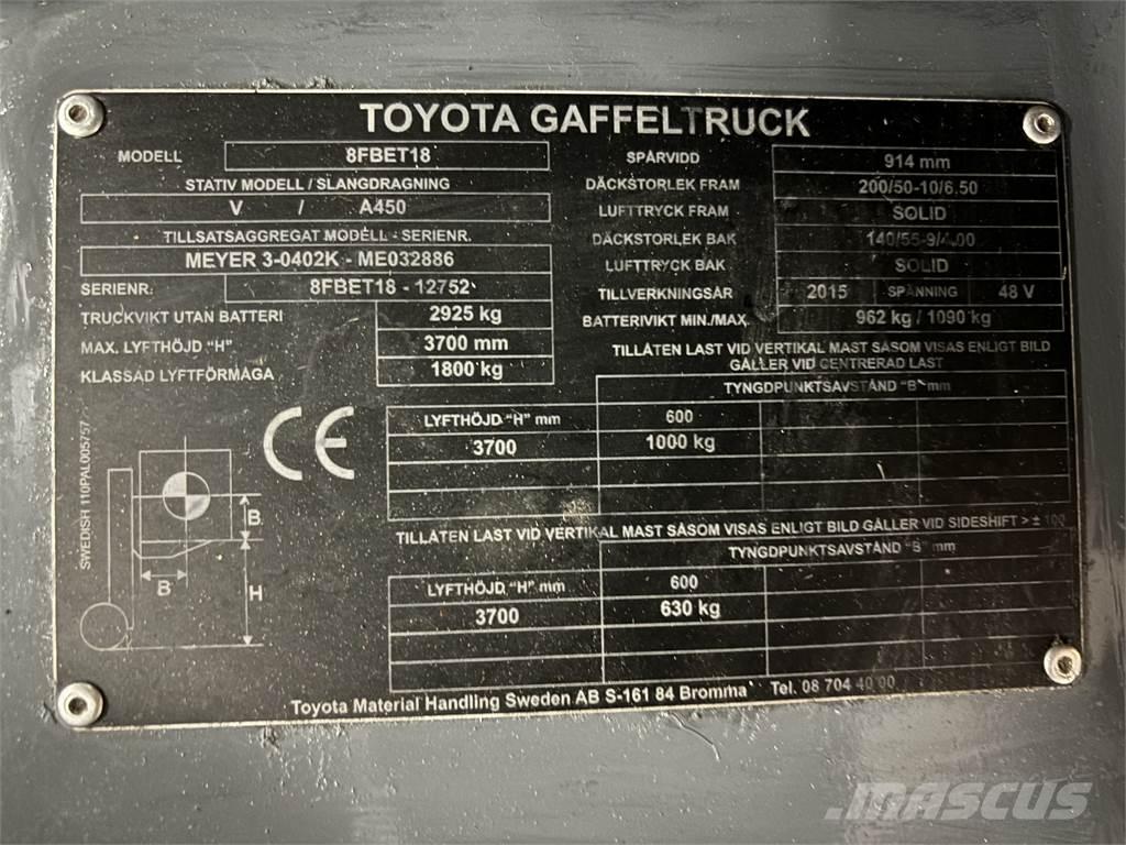 Toyota 8FBET18 전동 지게차