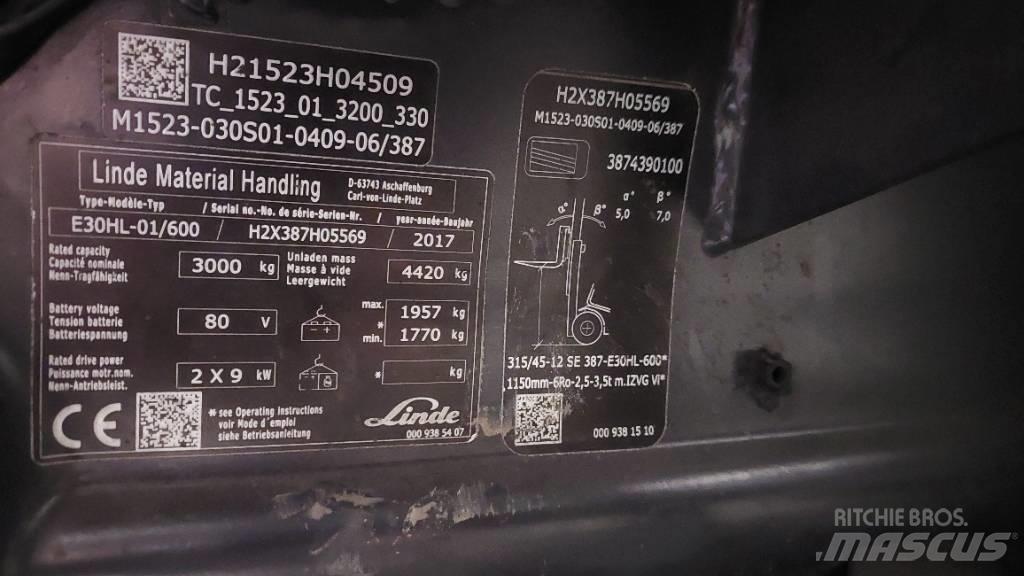 Linde E 30HL-01/600 전동 지게차