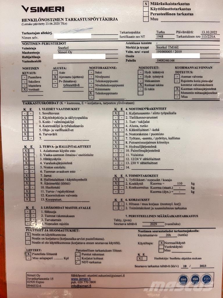 Snorkel tm 16E 가위형 리프트