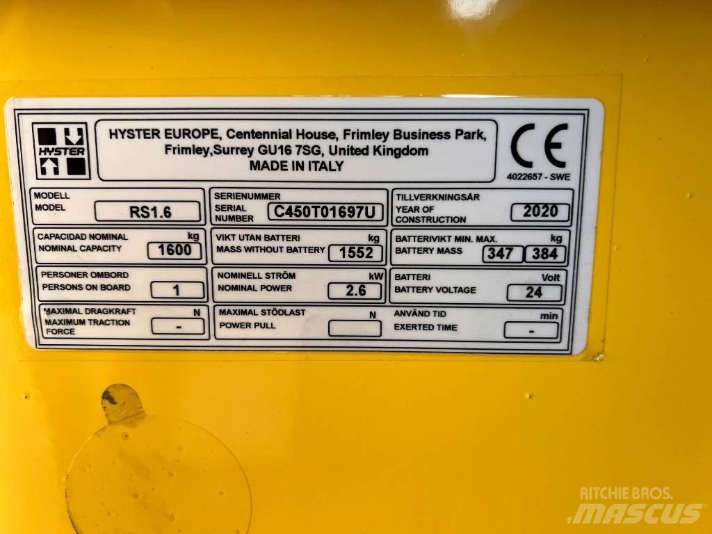 Hyster RS1.6 보행식 리치 지게차