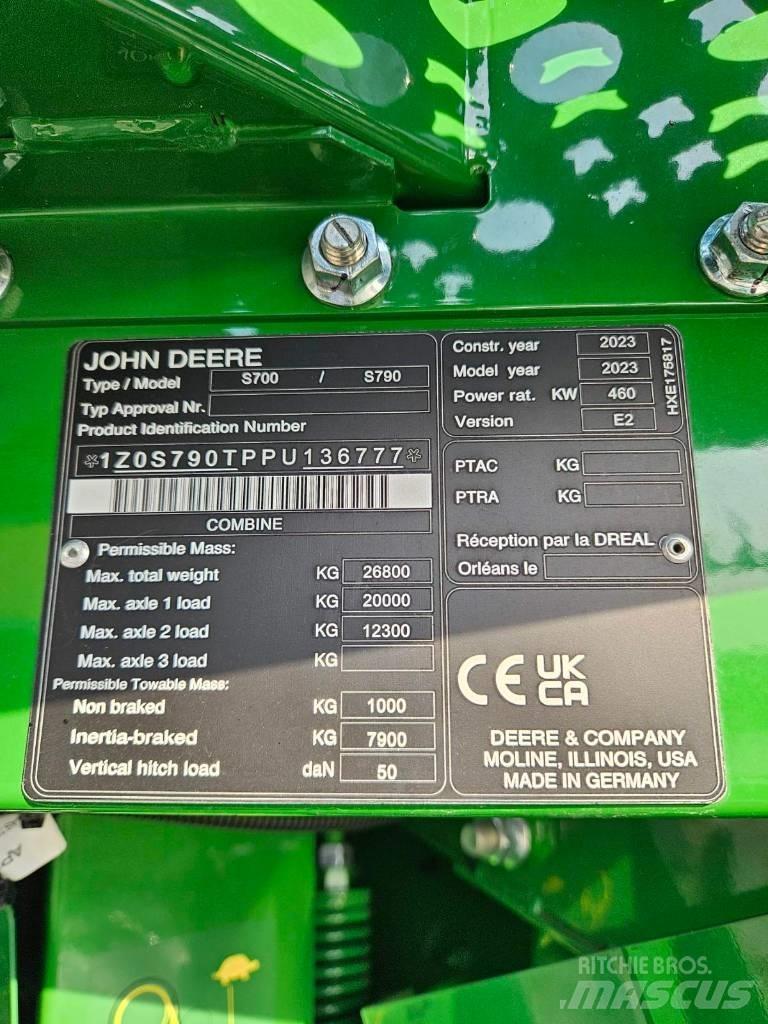 John Deere S790 콤바인 수확기