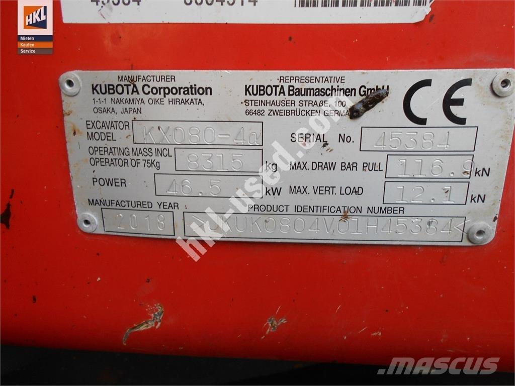 Kubota KX 080-4 소형 굴삭기 7톤 미만