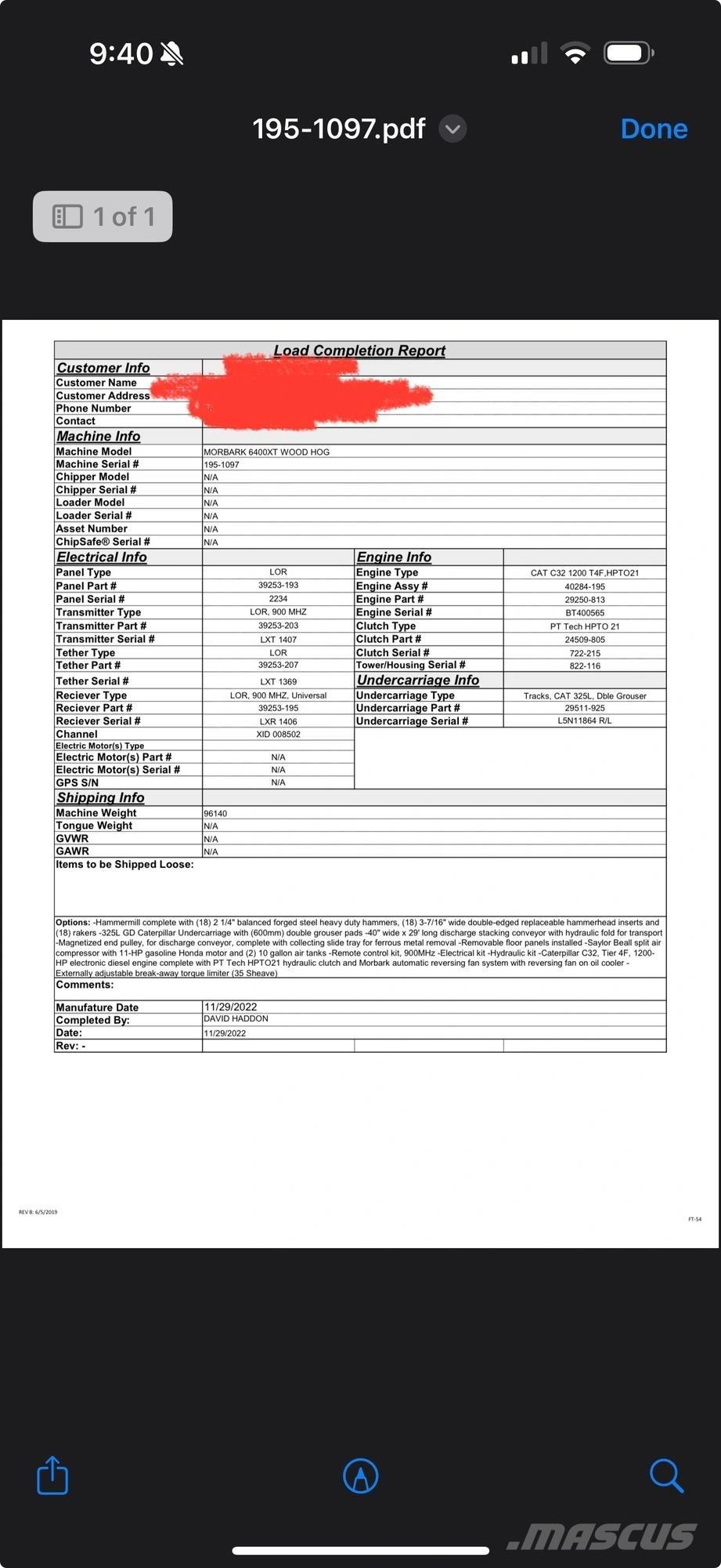 Morbark 6400XT 기타 부품  
