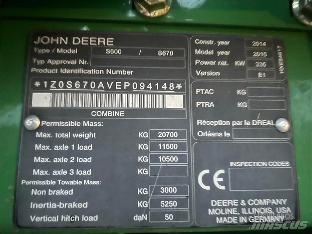 John Deere S670i 콤바인 수확기